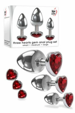 Adam and Eve Metal Butt Plug Set with Red Heart-Shaped Gem Base (3 Pce)