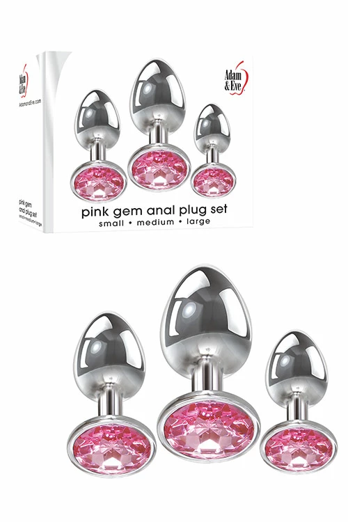 Adam and Eve Metal Butt Plug Set with Pink Gem Base (3 Pce) 1 Adam and Eve Metal Butt Plug Set with Pink Gem Base (3 Pce)