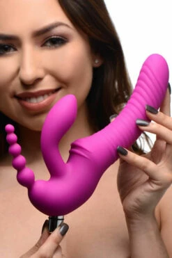 Strap U 9" Silicone Vibrating Strapless Strap-On Triple Dildo 9 Strap U 9" Silicone Vibrating Strapless Strap-On Triple Dildo -Women's Sex Toys Shop large 5 300